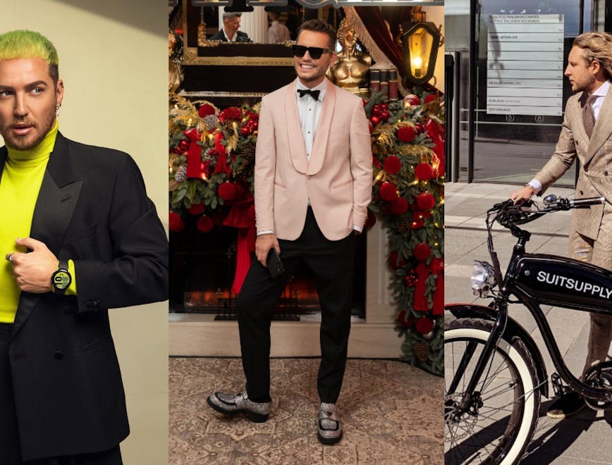 bicycle person wheel clothing suit overcoat coat shoe sunglasses tuxedo