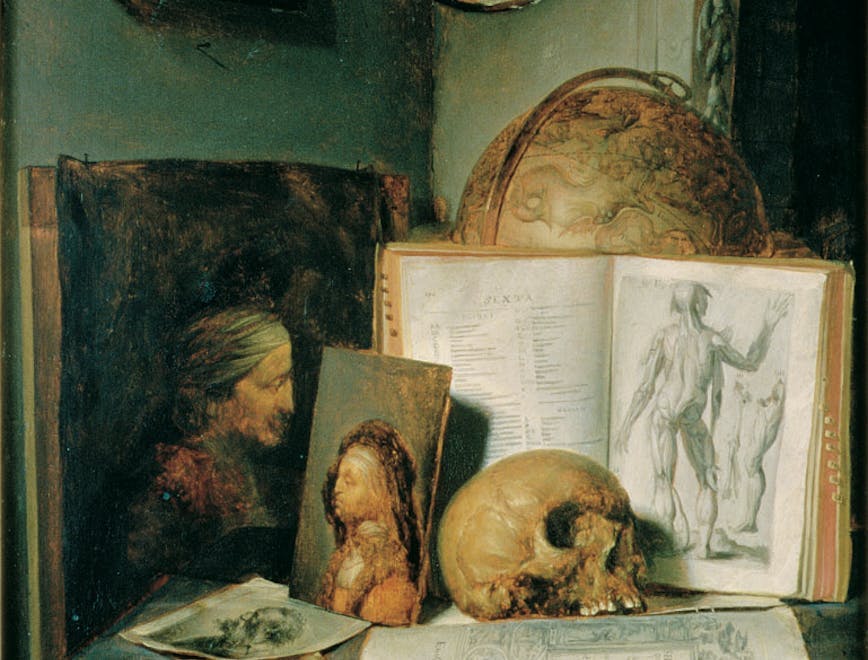 nmg146016 still life with a skull oil on panel dou; gerrit or gerard (1613-75) death book open anatomical study portrait painting pictures picture studies convex mirror drawings globe #90 lives objects fruit veg 19th & later 20th century art sphere person face head