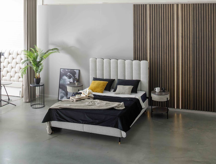 indoors interior design wood panels floor plant bed furniture