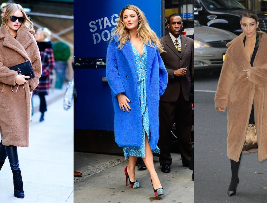 Garsenybės, vilkinčios „Max Mara“ paltą „Teddy Bear Coat“. Rosie Huntington-Whiteley, Blake Lively, „Getty Images“ nuotr.  Kim Kardashian, „SplashNews“ nuotr.