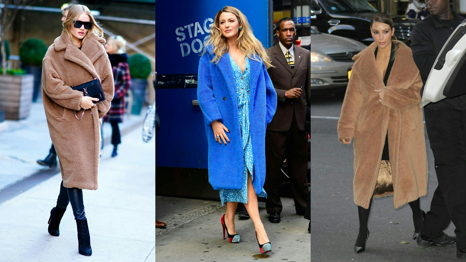 Garsenybės, vilkinčios „Max Mara“ paltą „Teddy Bear Coat“. Rosie Huntington-Whiteley, Blake Lively, „Getty Images“ nuotr.  Kim Kardashian, „SplashNews“ nuotr.