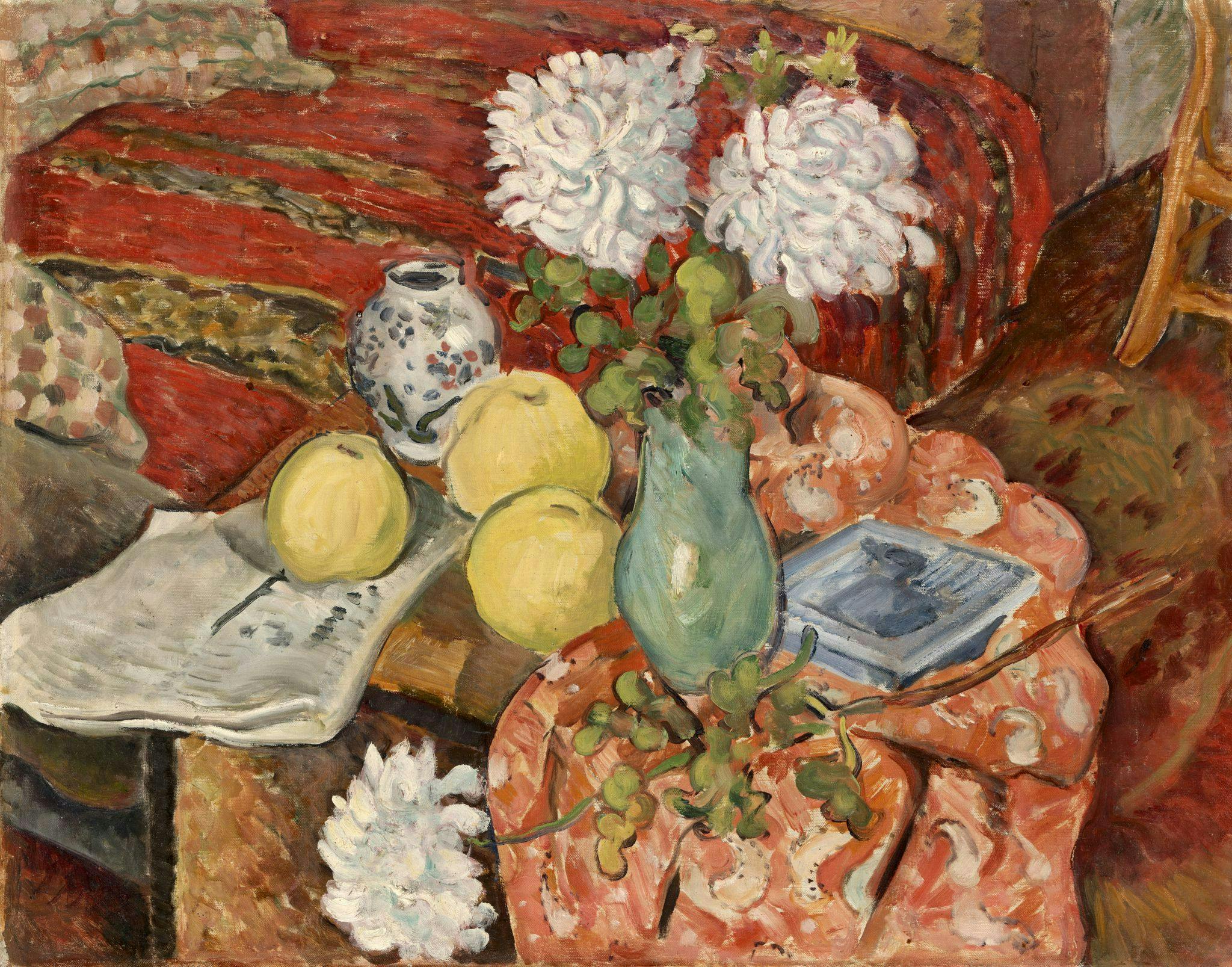Tymon Niesiołowski, Natiurmortas  su obuoliais ir chrizantemomis, 1938. LNDM